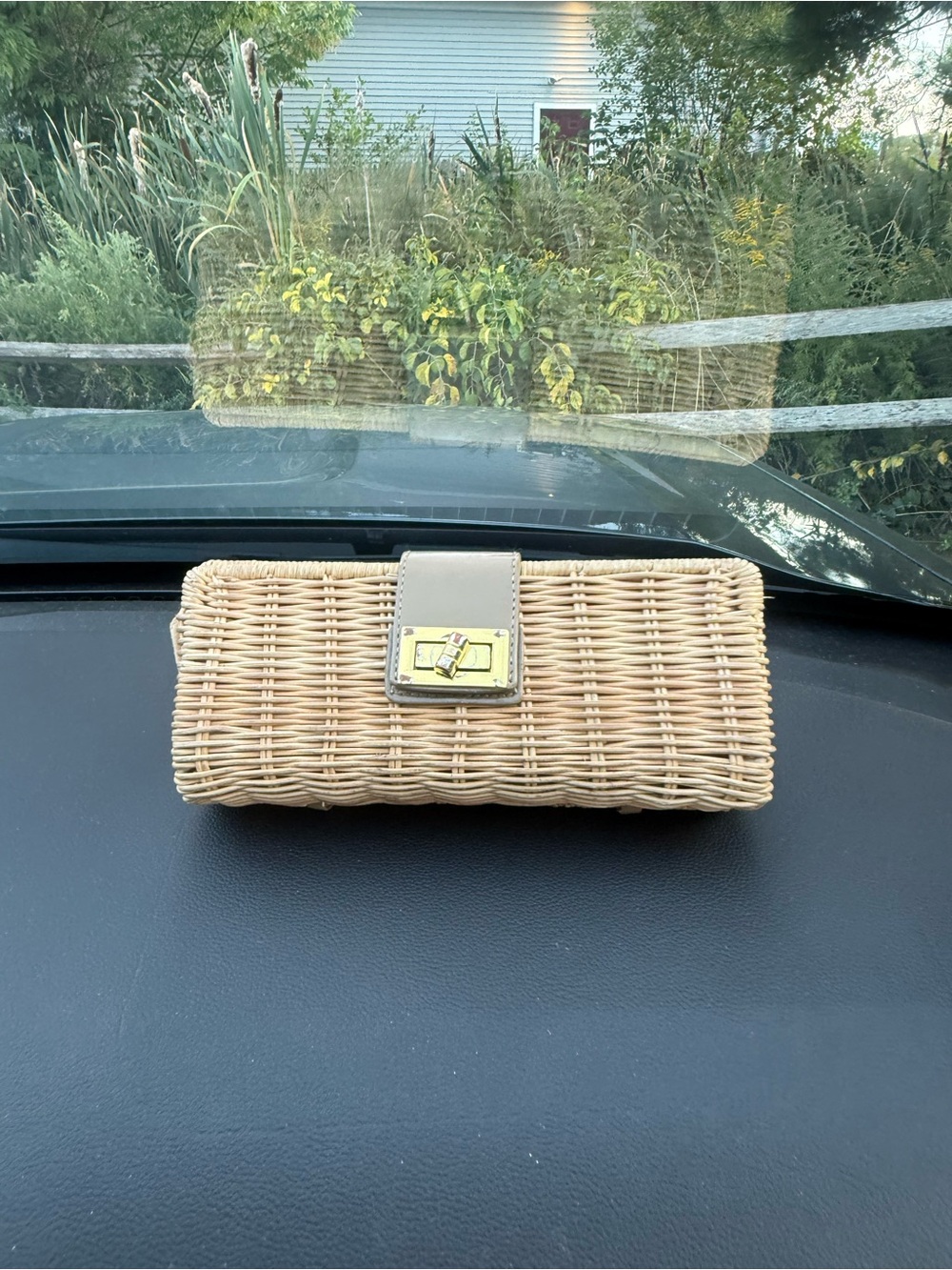 J.Crew Natural Straw Wicker Clutch Bag Gold Turn Lock